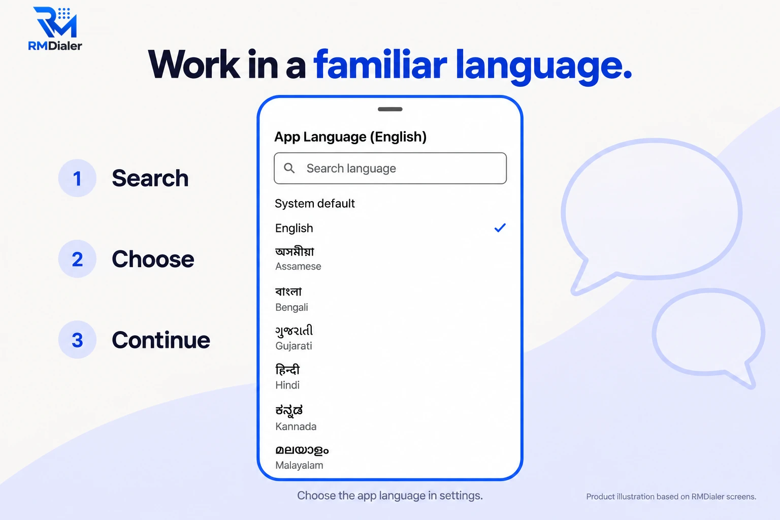 RMDialer App Language sheet with a search box and a list of languages including English, Assamese, Bengali, Gujarati, Hindi, Kannada and Malayalam, beside three steps: search, choose, continue