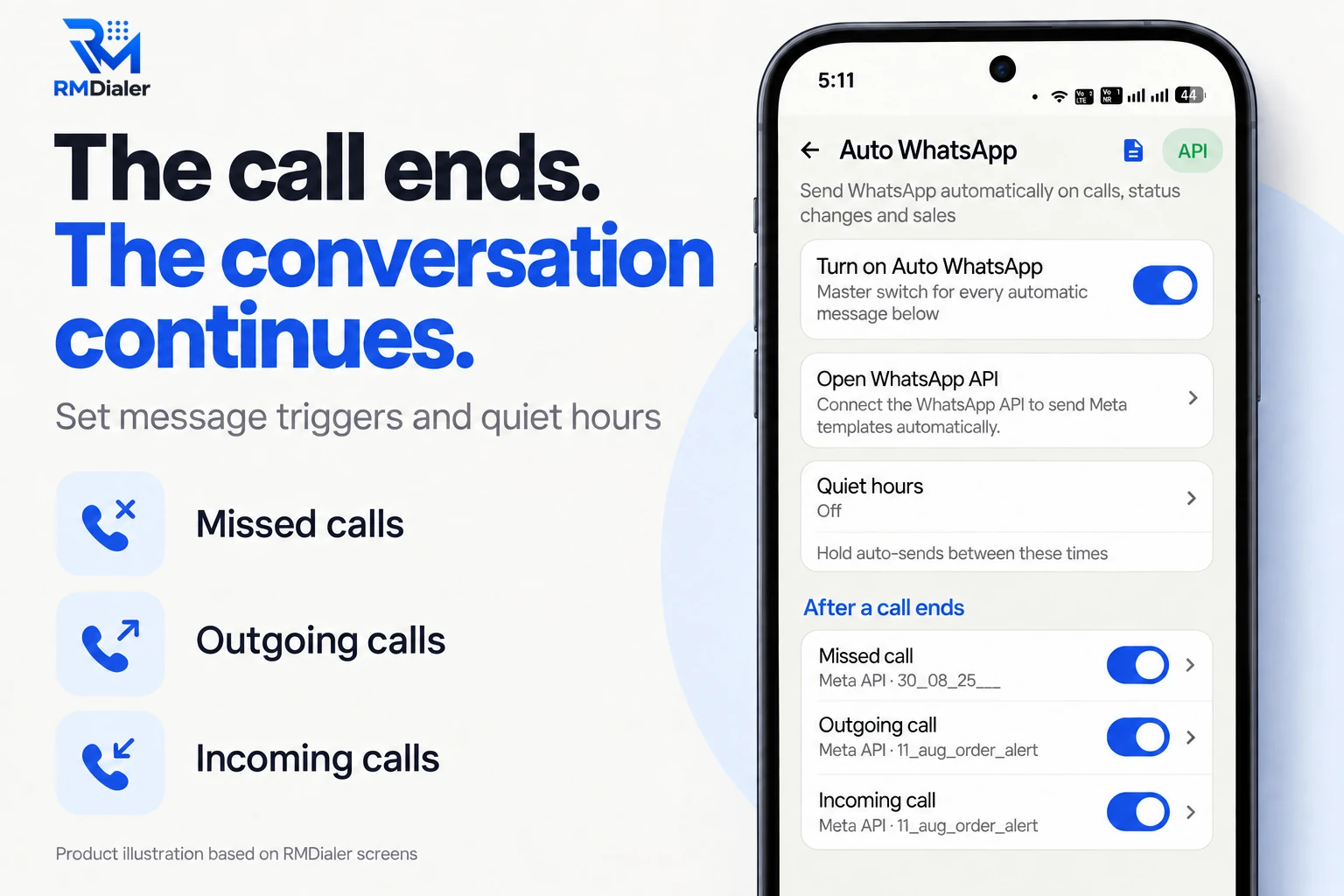 RMDialer Auto WhatsApp settings: a master switch, WhatsApp API connection, quiet hours, and separate automatic messages after a missed, outgoing or incoming call