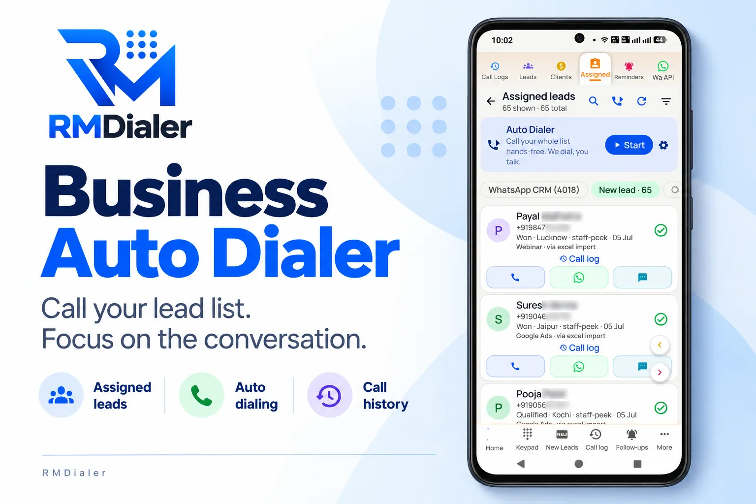 Business auto dialer: RMDialer Assigned leads screen with 65 leads, an Auto Dialer panel reading call your whole list hands-free with a Start button, and lead cards for Payal, Sures and Pooja with status, city, source and call, WhatsApp and message buttons, surnames and numbers masked