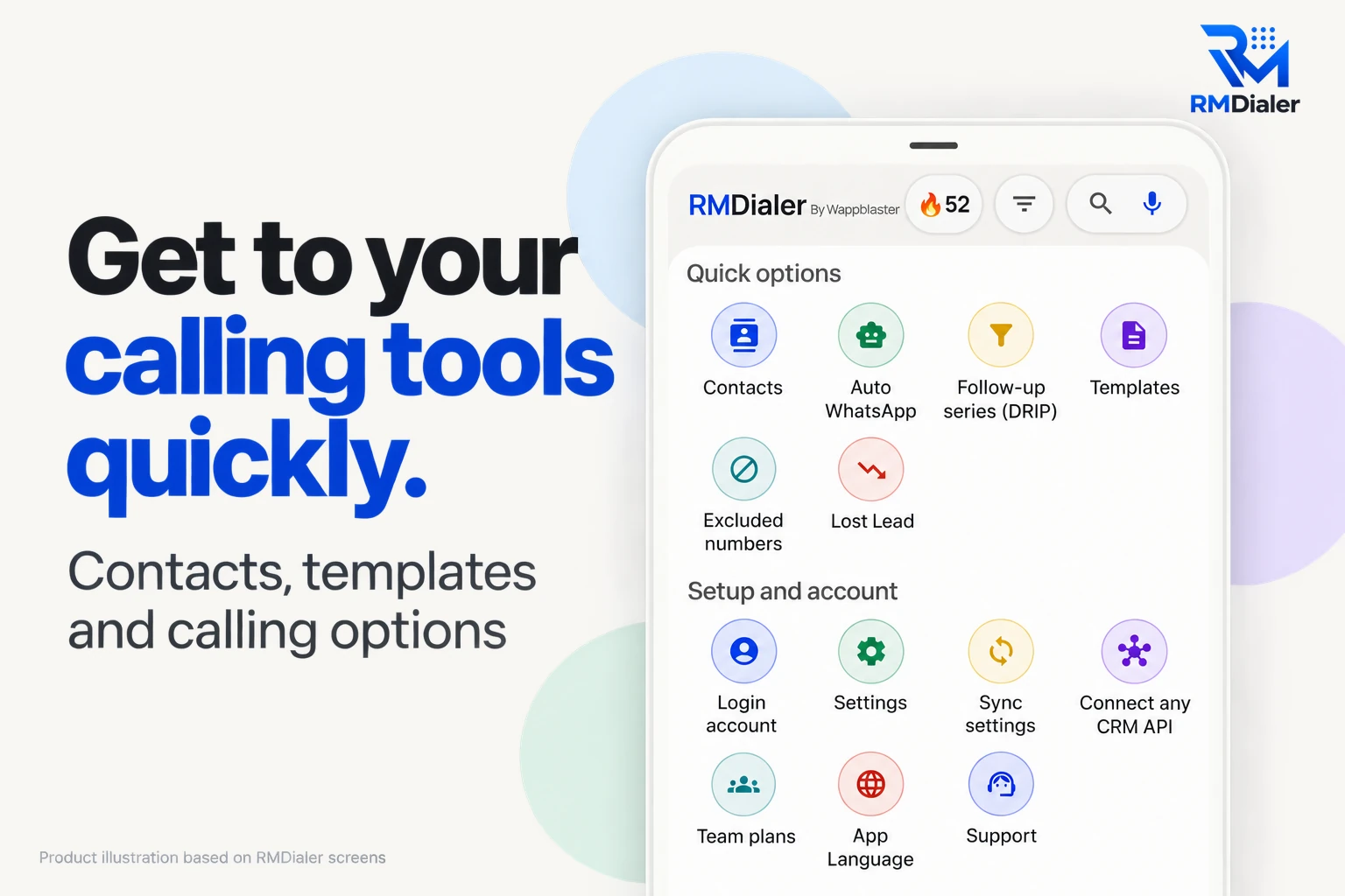 RMDialer Quick options sheet on an Android phone: Contacts, Auto WhatsApp, Follow-up series, Templates, Excluded numbers and Lost Lead, then Login account, Settings, Sync settings, Connect any CRM API, Team plans, App language and Support