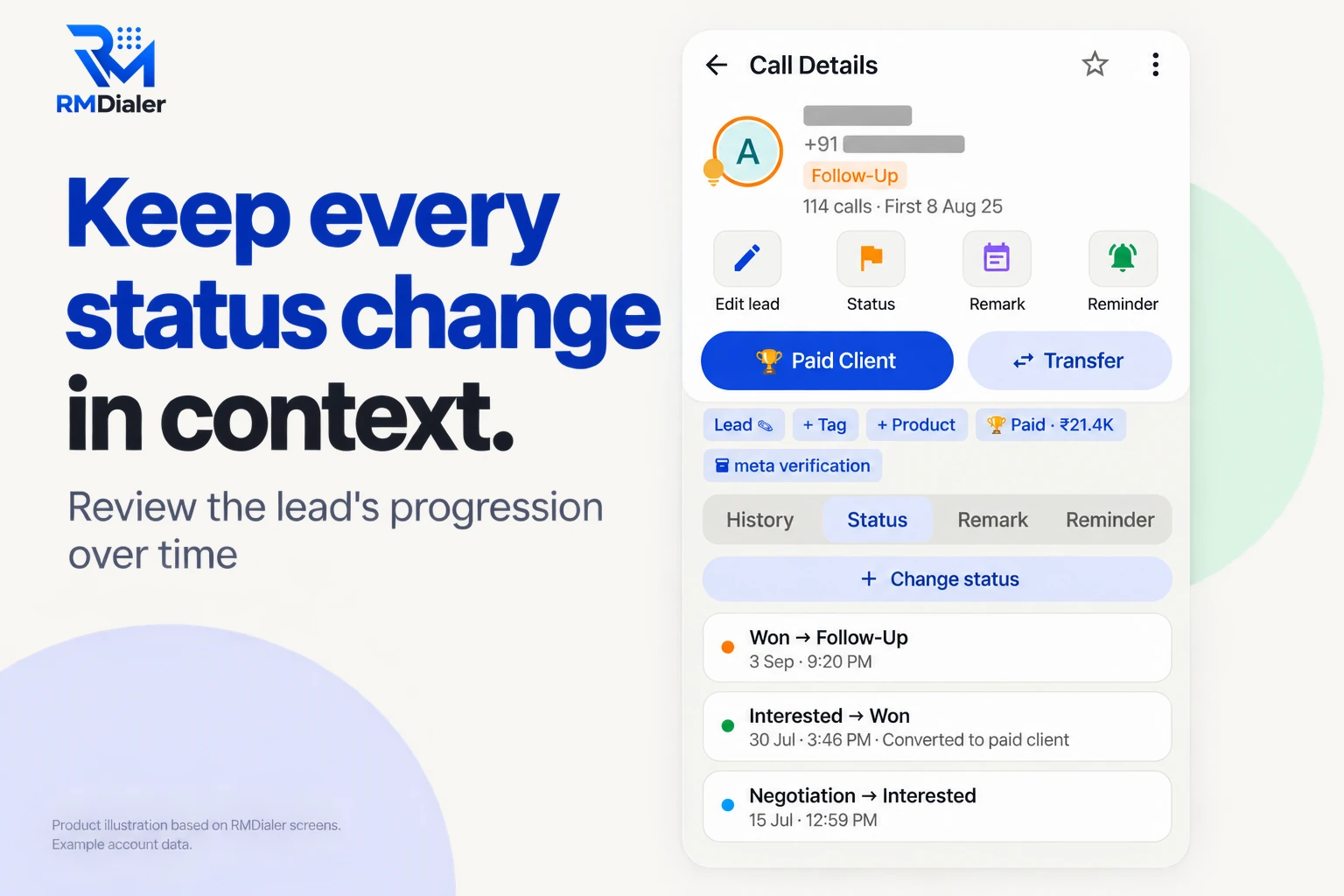 RMDialer Call Details for a masked contact marked Follow-Up with 114 calls since 8 Aug 25, buttons to edit the lead, change status, add a remark or reminder, and a Status tab listing the changes Negotiation to Interested, Interested to Won and Won to Follow-Up with dates