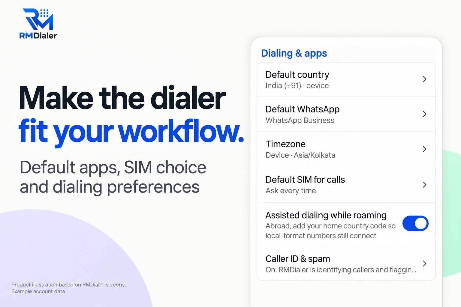 RMDialer Dialing and apps settings on the phone side of the auto dialer software: default country India (+91), default WhatsApp set to WhatsApp Business, timezone, default SIM for calls set to ask every time, assisted dialing while roaming switched on, and caller ID and spam