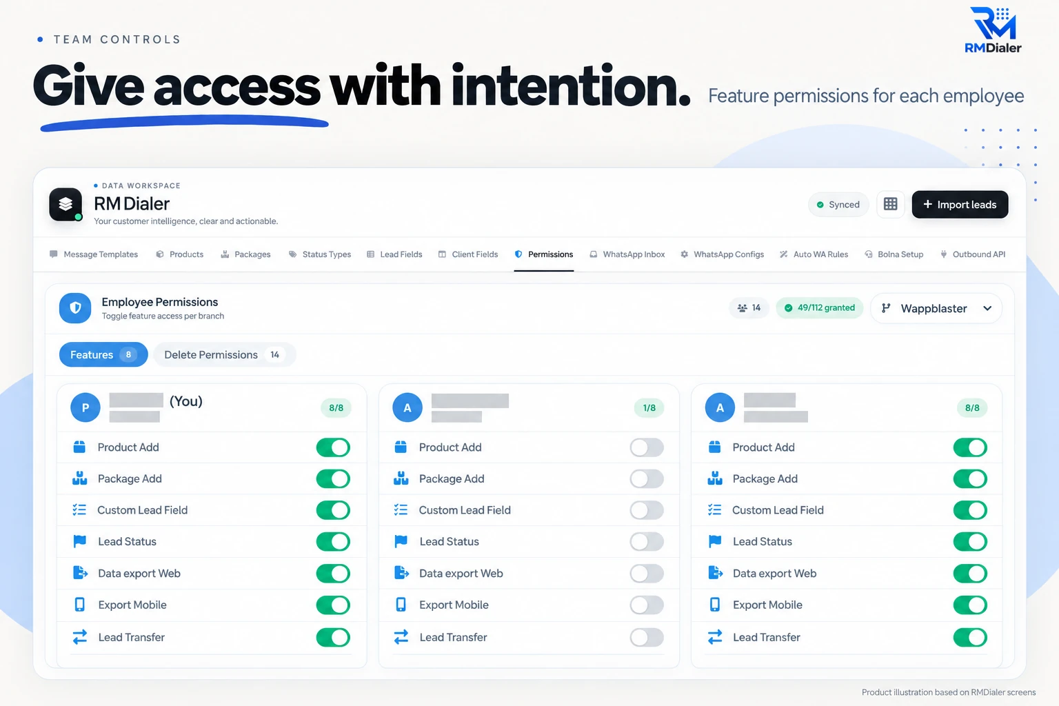 RMDialer Web CRM Employee Permissions: a card per employee with switches for product add, package add, custom lead field, lead status, data export on web, export on mobile and lead transfer, and a separate Delete Permissions tab