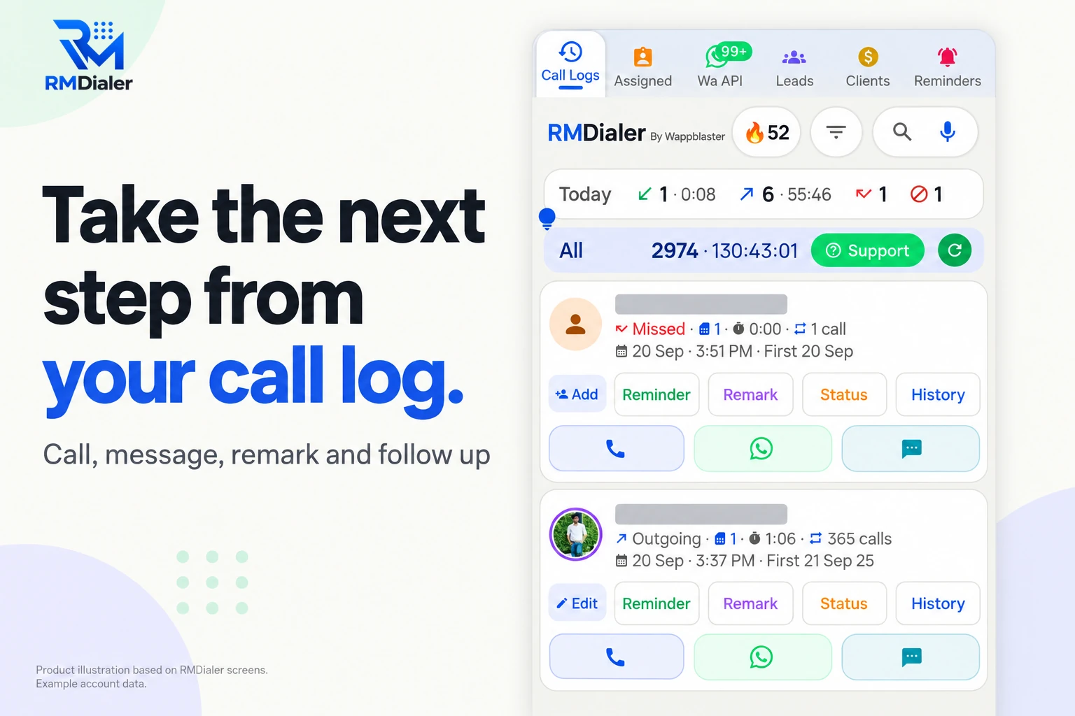 RMDialer call log on an Android phone: a Today strip of call counts, 2974 calls in total, then a missed call and an outgoing call from masked numbers, each card offering a row of actions under the SIM, talk time and running call count