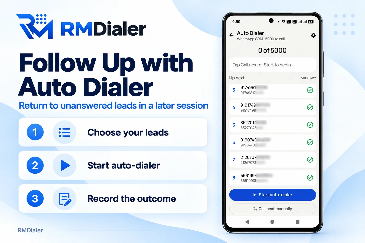 RMDialer Auto Dialer screen with 5000 numbers to call, the next six in the queue with digits masked, and Start auto-dialer and Call next manually buttons, beside three steps: choose your leads, start auto-dialer, record the outcome
