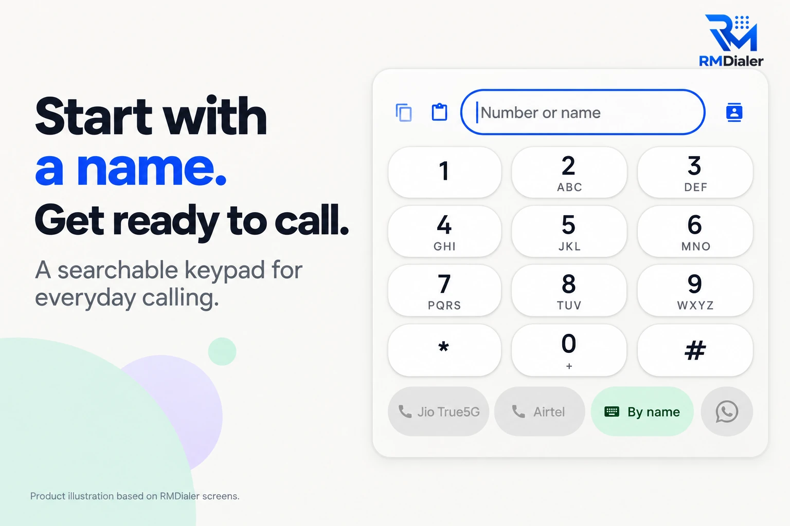 RMDialer keypad with a Number or name search box, a SIM choice between Jio and Airtel, a By name search button and a WhatsApp shortcut