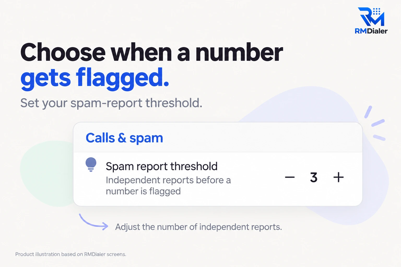 RMDialer Calls and spam setting: a spam report threshold of 3 independent reports before a number is flagged, adjustable with minus and plus buttons