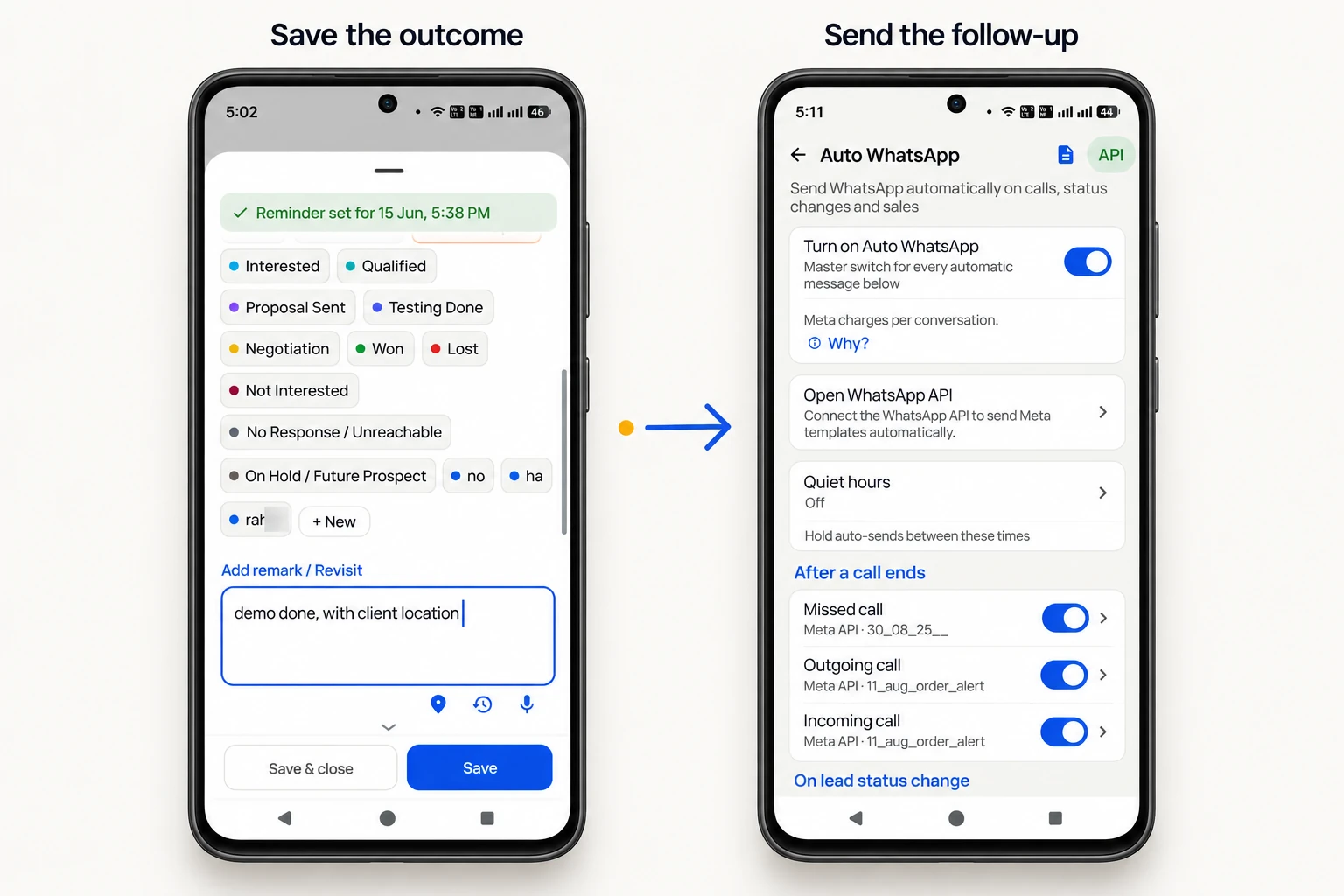RMDialer after-call sheet with lead status chips and a remark, beside the Auto WhatsApp settings that send the follow-up after a call ends.
