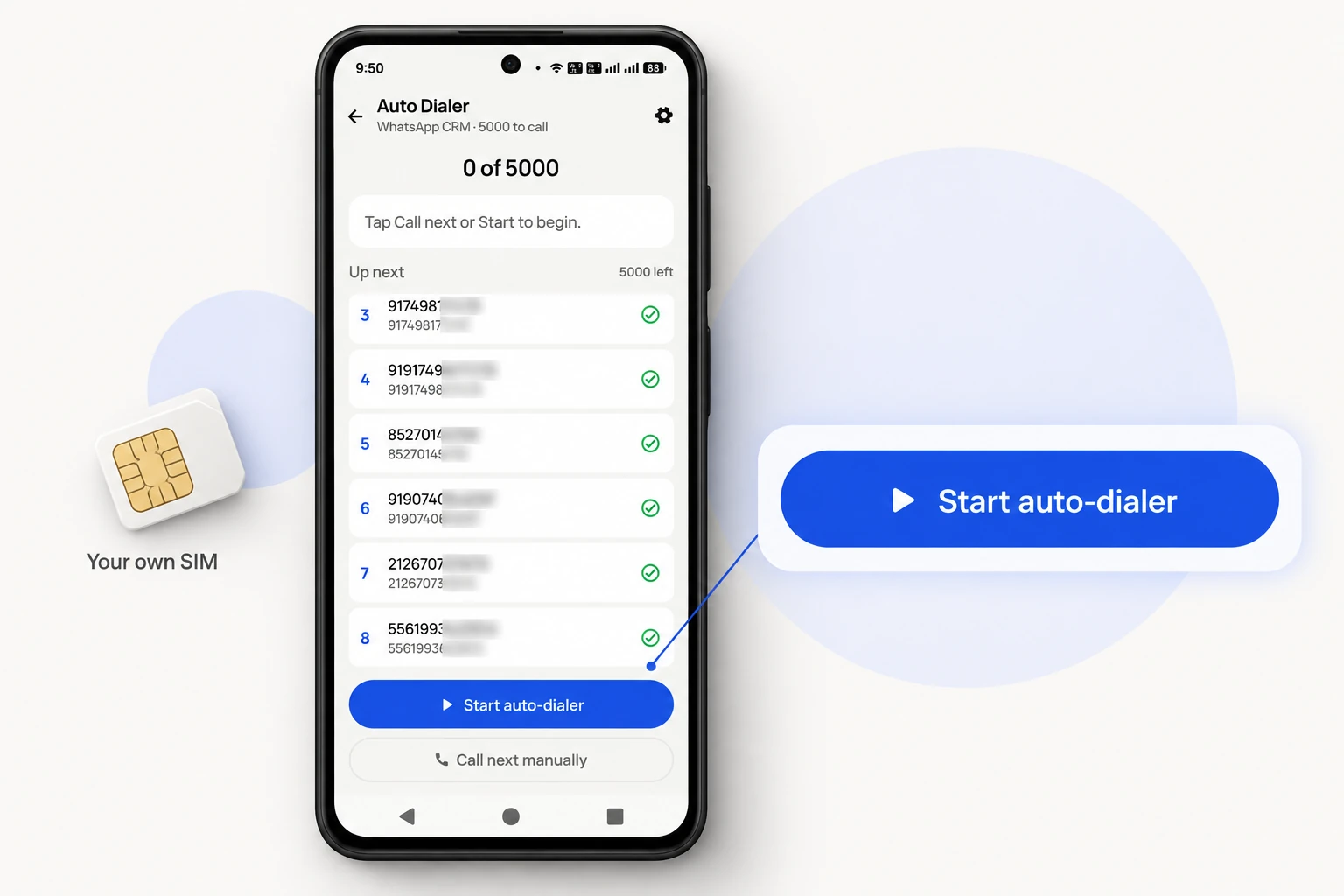 RMDialer auto dialer app on Android: a queue of 5000 numbers to call, with Start auto-dialer and Call next manually buttons.