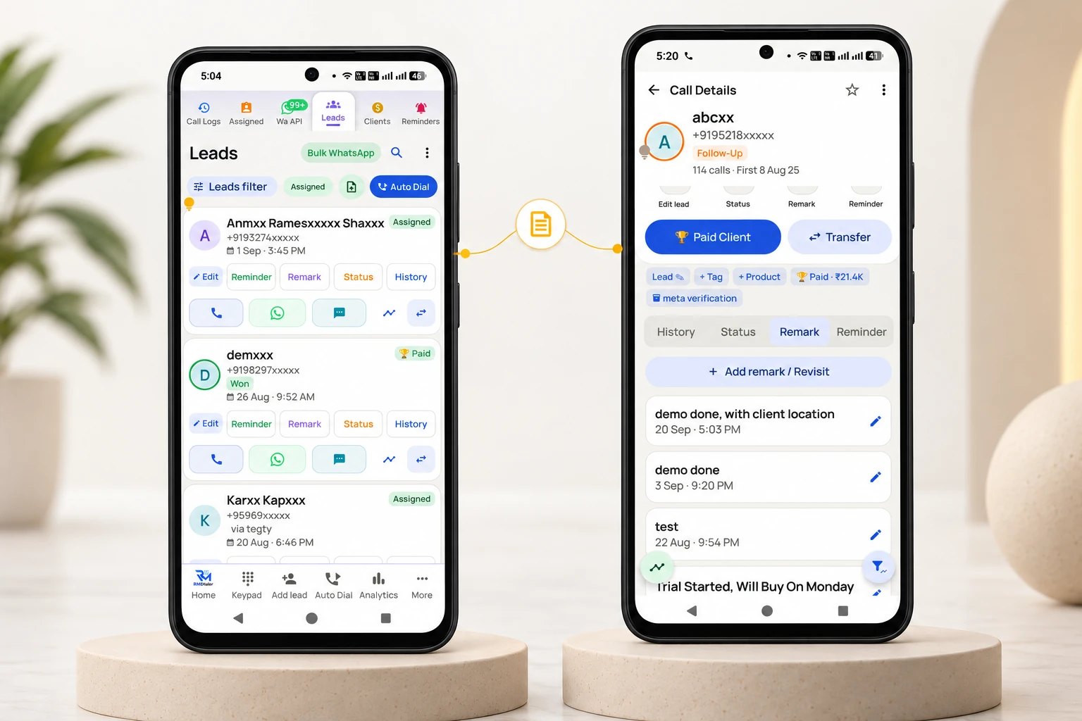 Telecalling CRM for sales teams on a rep’s phone: the Leads list with Assigned, Paid and Won tags beside one customer’s Call Details with every remark and the next action