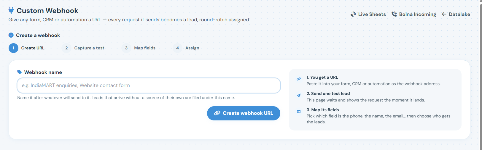 RMDialer Web CRM Custom Webhook screen: a webhook name field, a Create webhook URL button, and the four steps Create URL, Capture a test, Map fields and Assign
