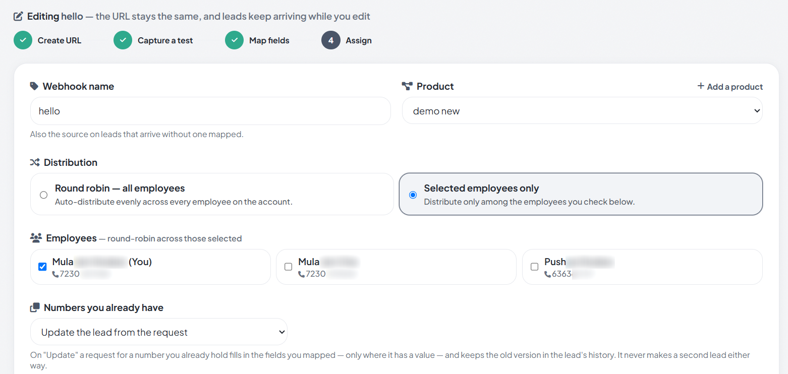 RMDialer Custom Webhook, Assign step: webhook name, product, distribution by round robin to all employees or selected employees only, employee checkboxes, and the rule for numbers you already have set to update the lead from the request
