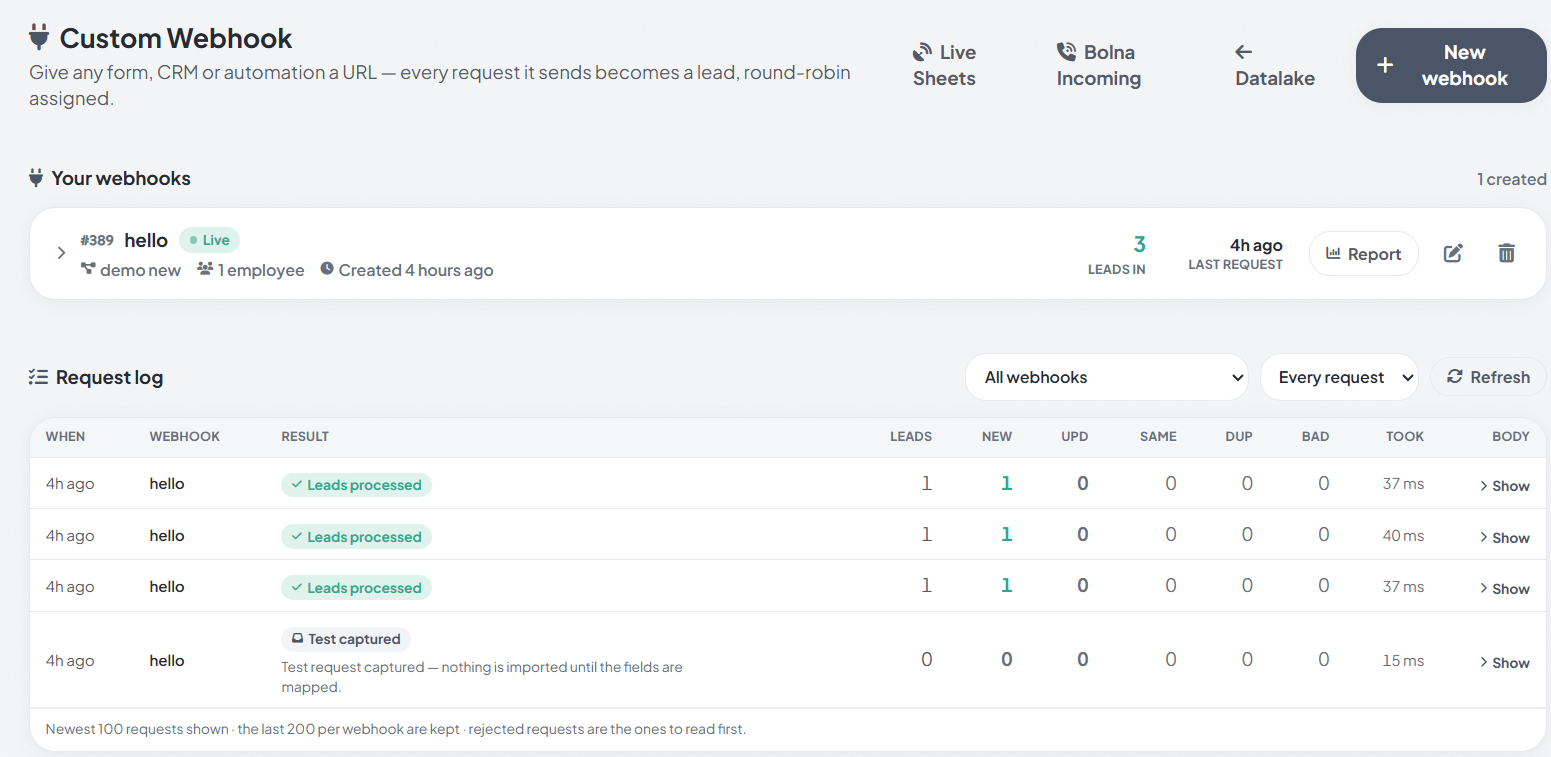 RMDialer Custom Webhook list and request log: a live webhook with leads in and last request time, and a log of requests with result, leads, new, updated, same, duplicate and bad counts, time taken in milliseconds and a link to show the body
