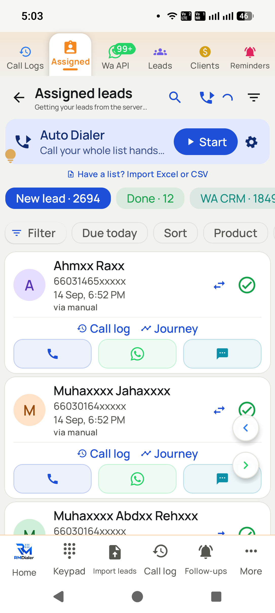 Assigned leads on the phone: an Auto Dialer card with a Start button, a link to import Excel or CSV, tabs for 2,694 new leads and 12 done, filters for due today, sort and product, and lead cards with call log and journey links