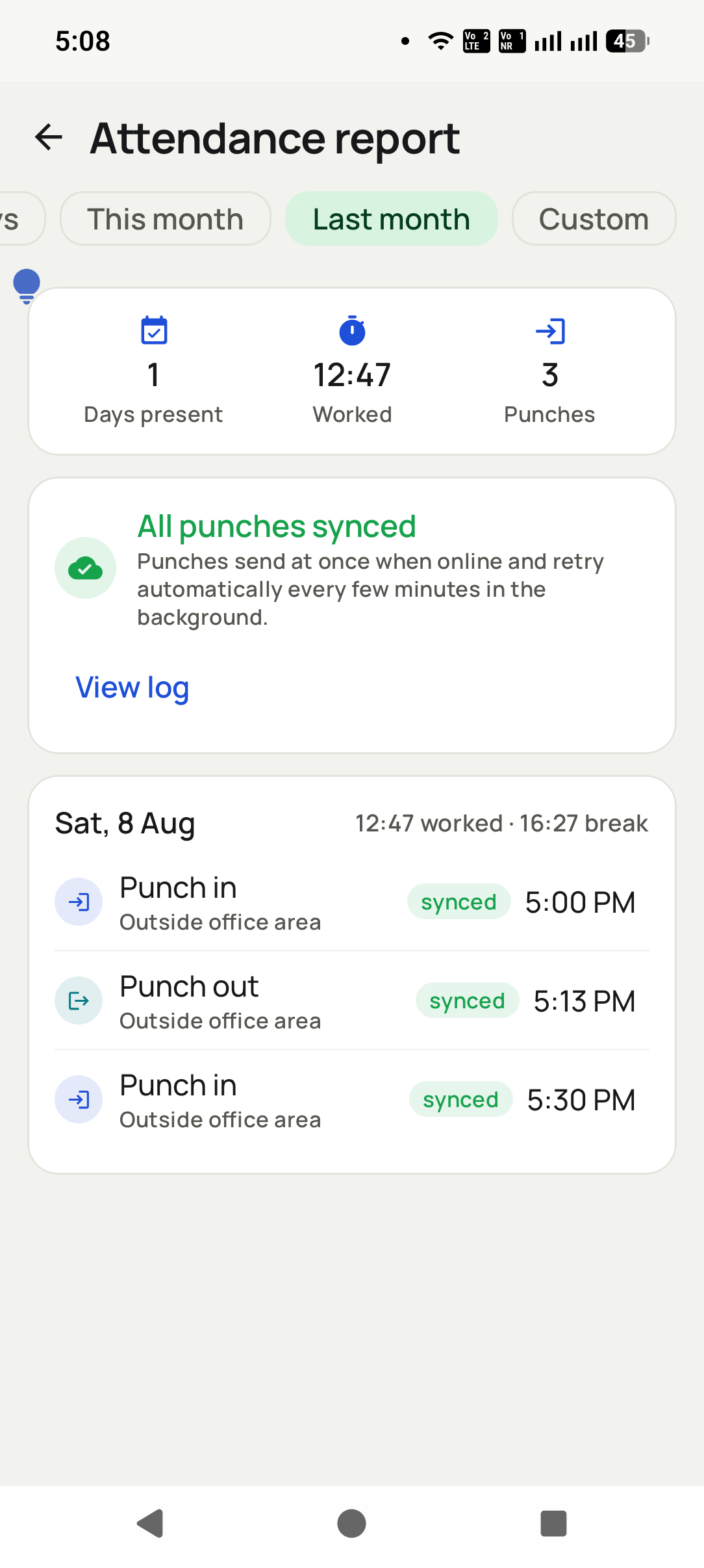 Read the attendance in the RMDialer app: Days present, worked hours and breaks per period, with every punch synced to your business account.