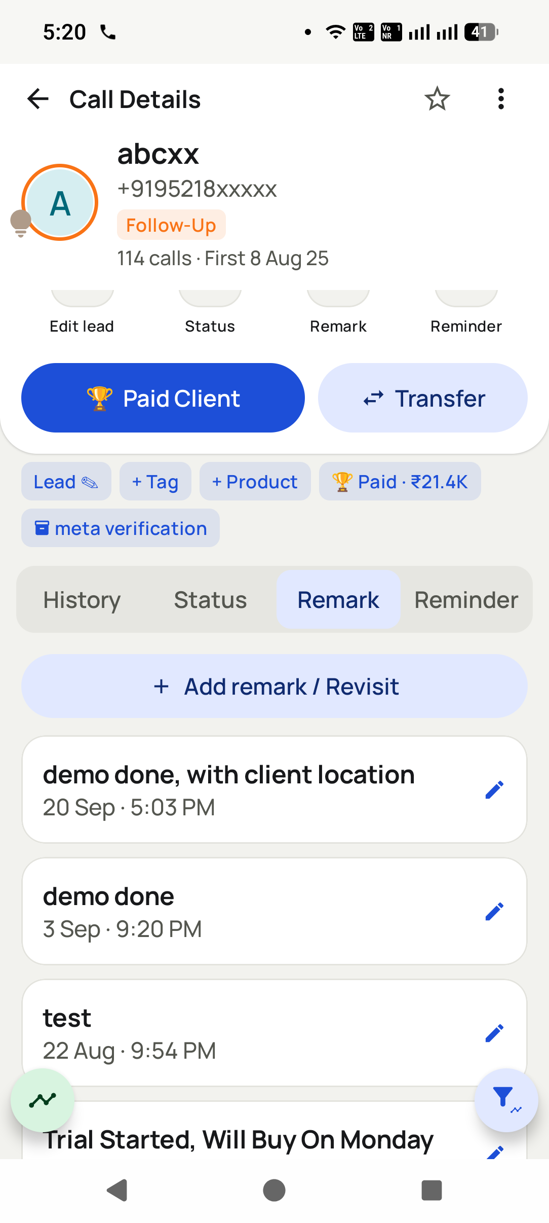 Play it from the customer's call history in the RMDialer app: The call details show every call with that person. The recordings list links straight to them with "Open...