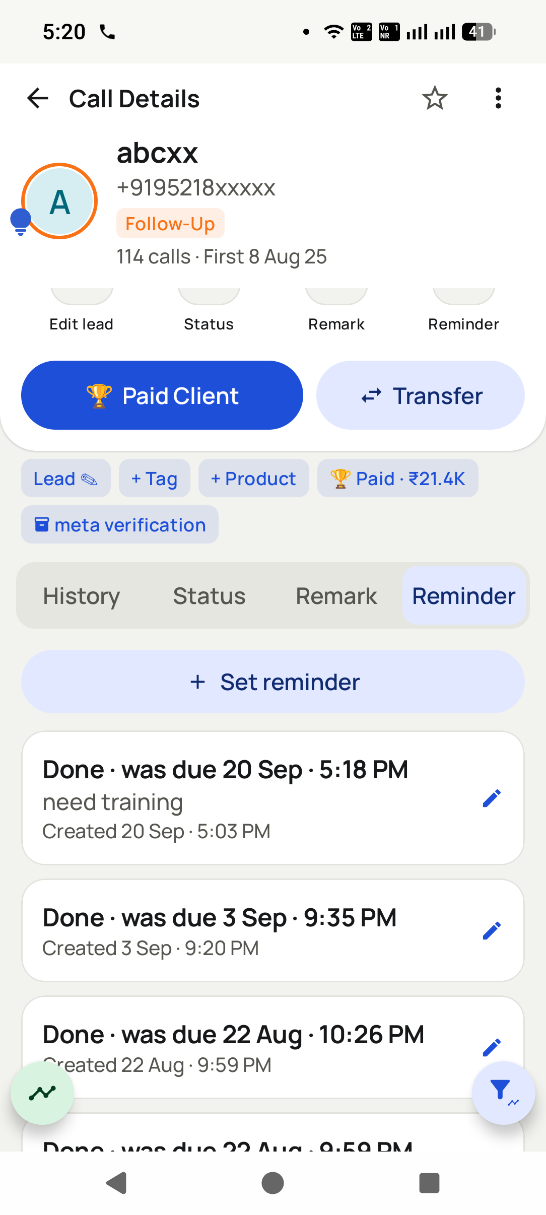 Book the next call on the calendar in the RMDialer app: A reminder with a date and a note, which rings on the day and can carry a WhatsApp message.