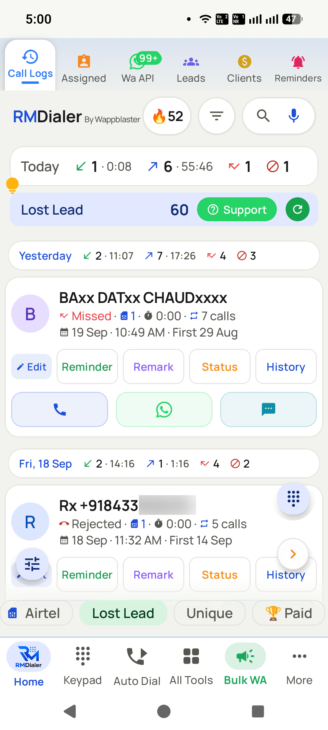 Act on the number that needs you in the RMDialer app: The Lost Lead ring opens straight into the unreturned missed calls, ready to ring back.