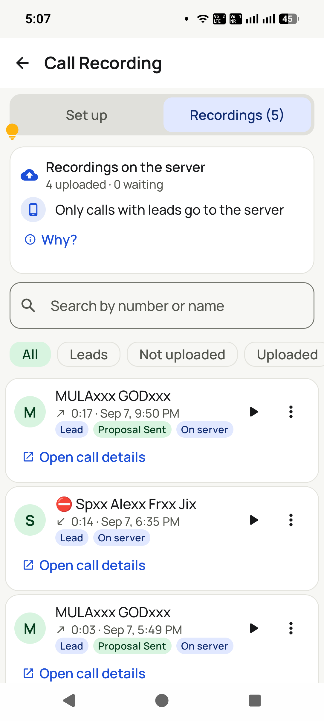The Call Recording screen: 4 recordings uploaded to the server, a search box, All, Leads, Not uploaded and Uploaded filters, and each call with its lead status, a play button and Open call details