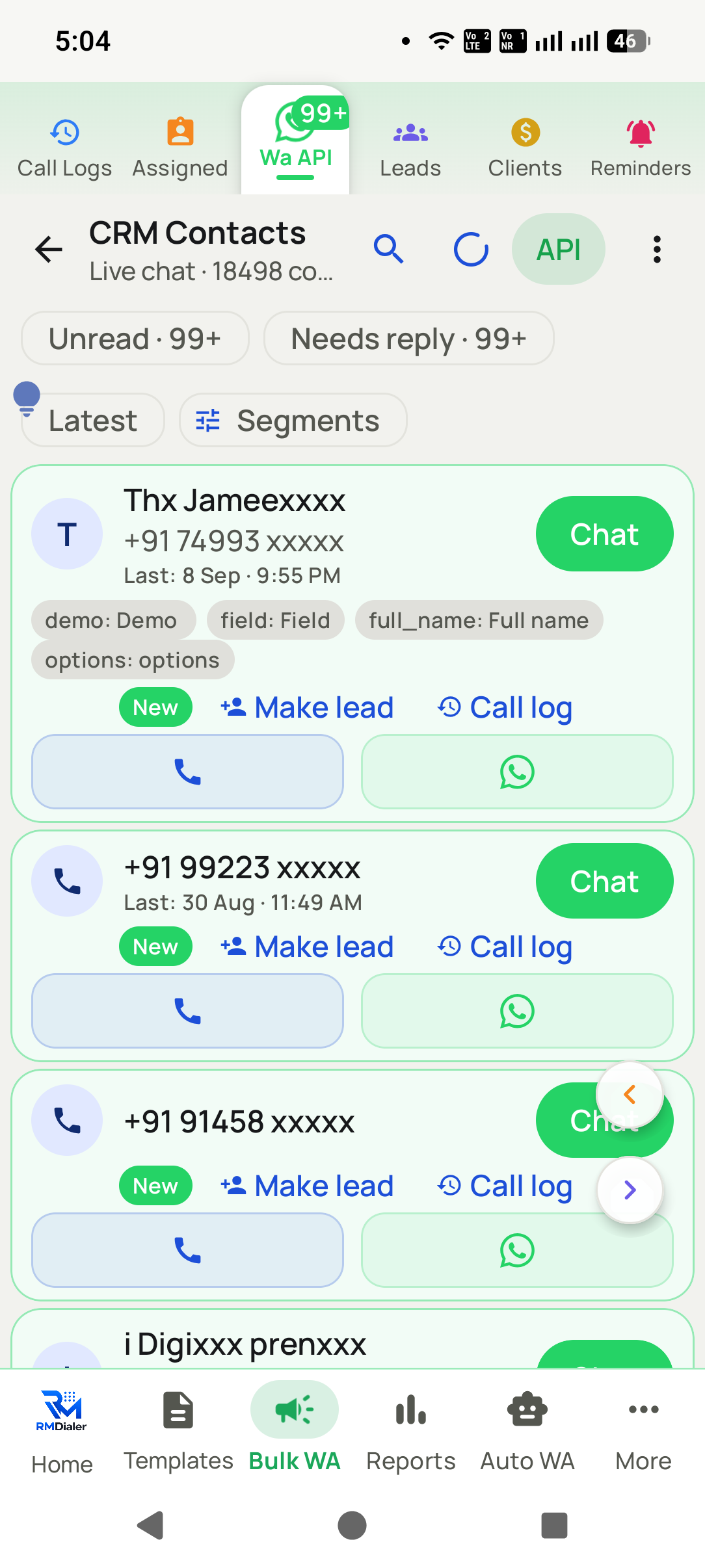 Telecalling script for real estate PDF follow-up in RMDialer: CRM Contacts list where each buyer number has Chat, Make lead and Call log buttons