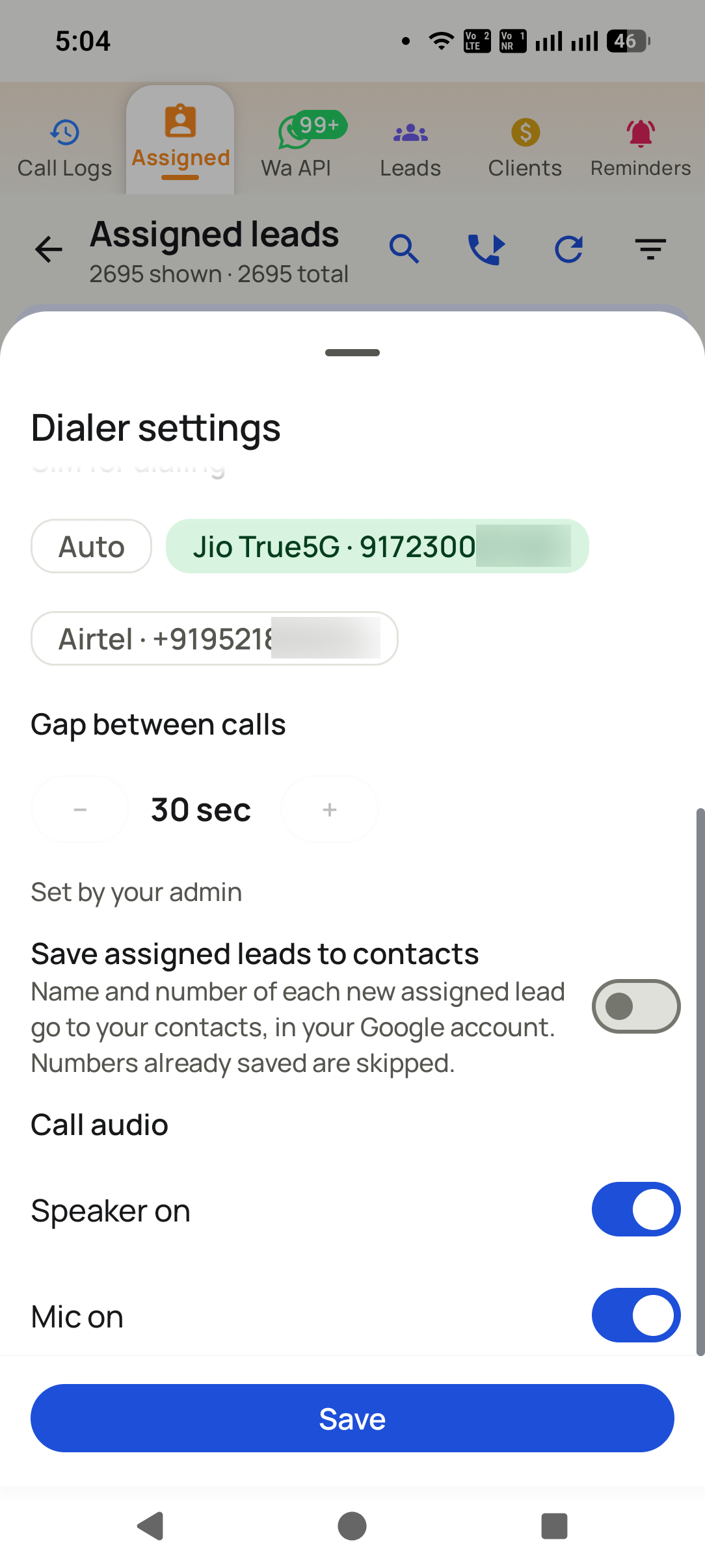 Dialer settings on the phone: SIM for dialing set to Auto, Jio or Airtel with their numbers, a 30 second gap between calls set by the admin, an option to save assigned leads to contacts, and speaker and mic switched on