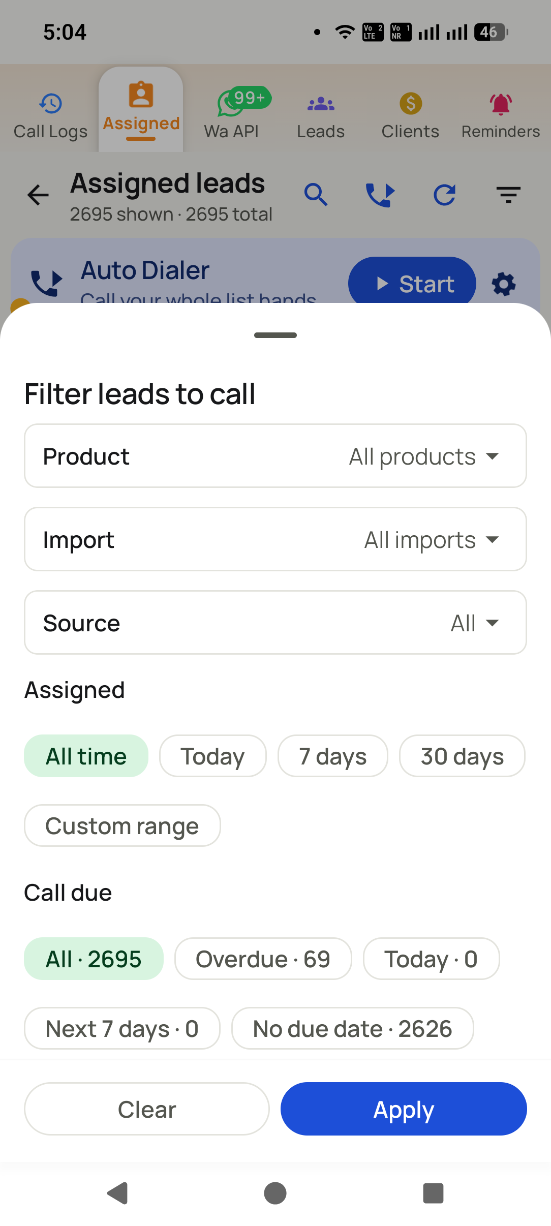 Narrow the list before you start in the RMDialer app: Filter by product, import, source, assigned date or call due, so the session only rings the leads that...