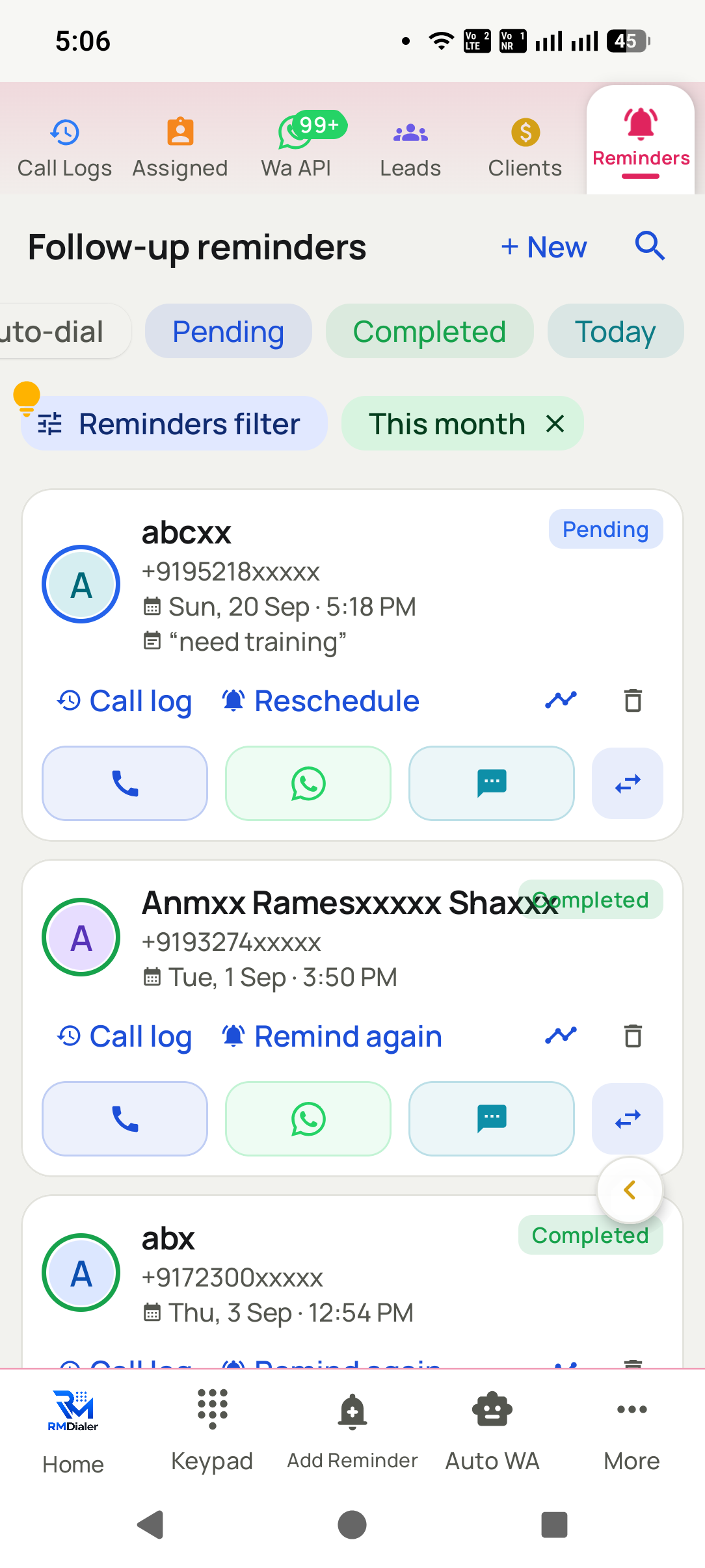 Follow-up reminders on the phone for this month: a pending reminder for 20 Sep at 5:18 PM with the note need training, completed reminders below, and Call log, Reschedule, Remind again, call, WhatsApp and SMS buttons