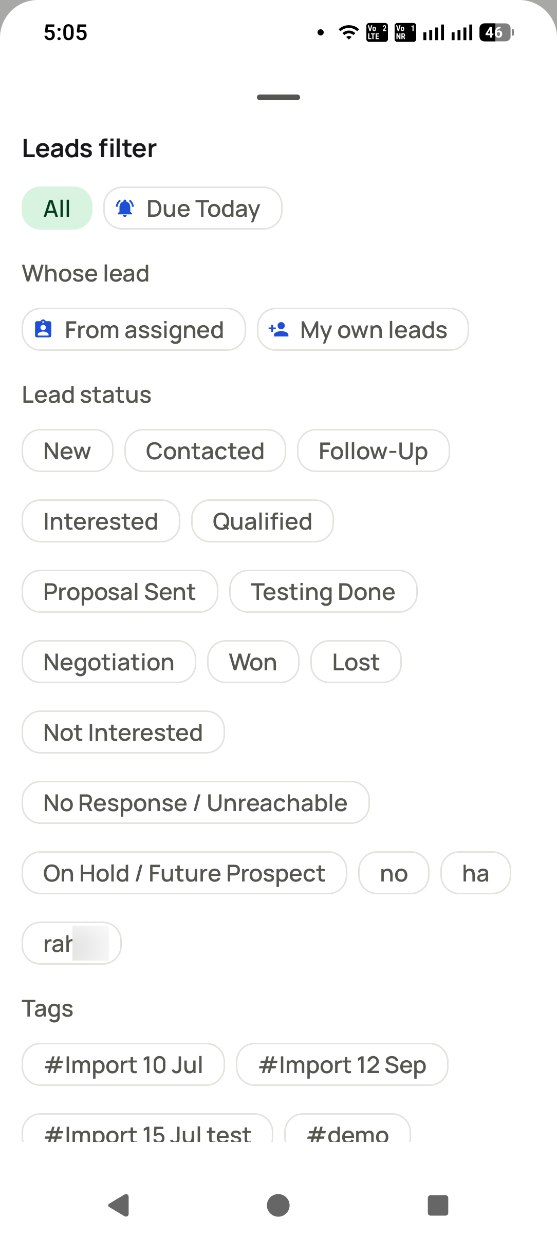 RMDialer leads filter on an Android phone: all leads or due today, from assigned or my own leads, lead statuses such as New, Contacted, Follow-Up, Interested, Won, Lost, Not Interested and No Response, and import tags