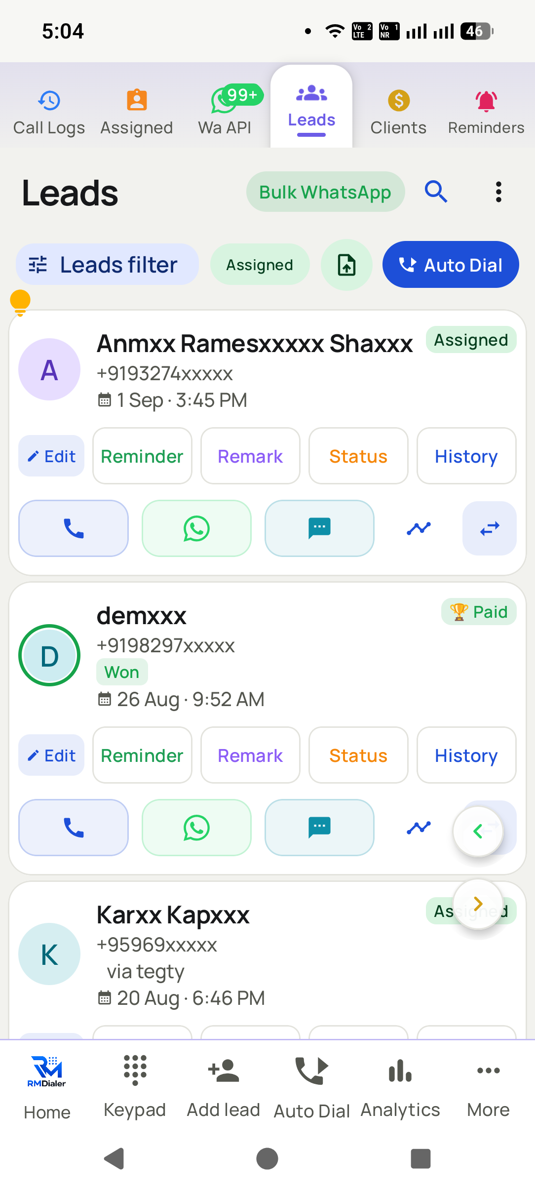 Work the list, lead by lead in the RMDialer app: Each lead card carries its status, a Paid tag when it converts, and buttons to call, WhatsApp, set a...