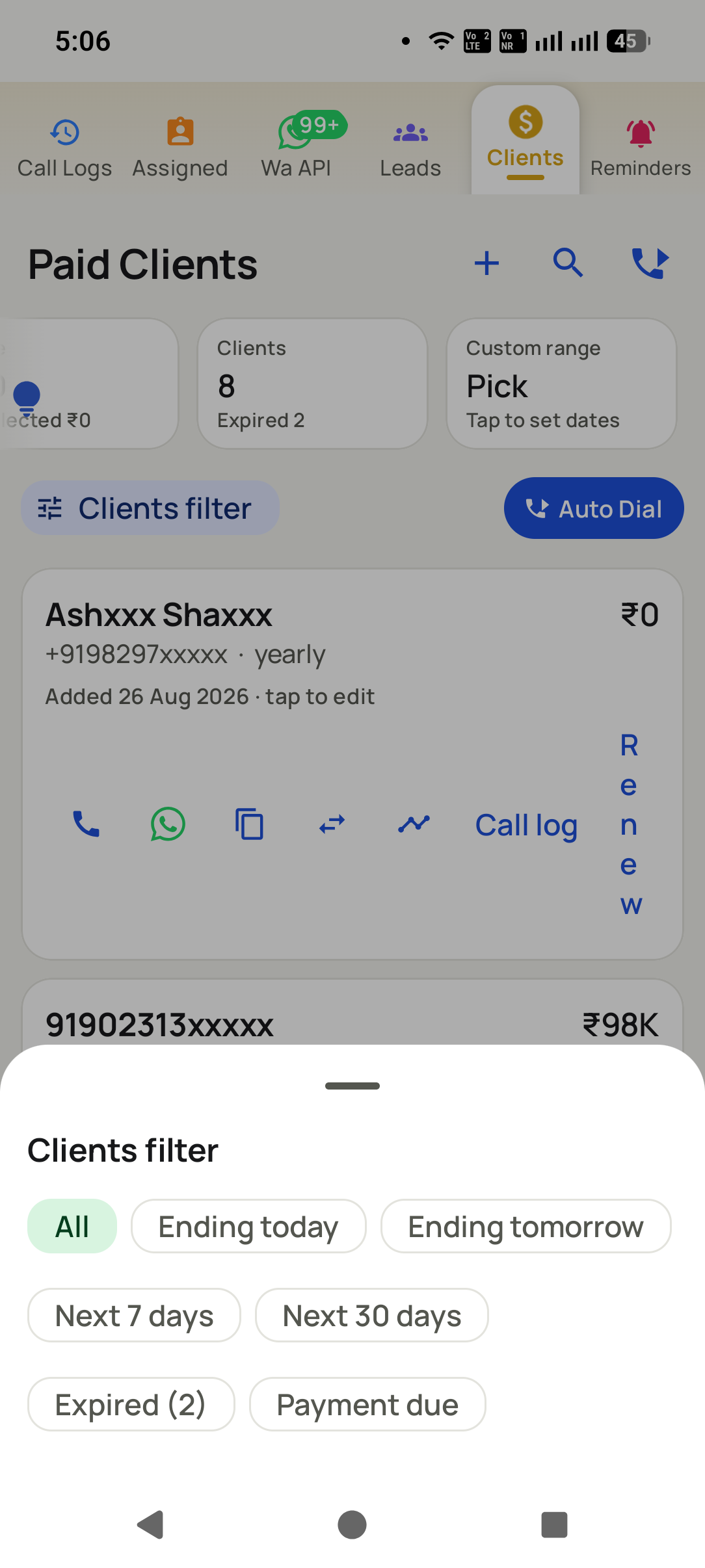 Keep paid customers from lapsing in the RMDialer app: Paid clients filter by ending today, tomorrow, the next 7 or 30 days, expired or payment due, with Renew...