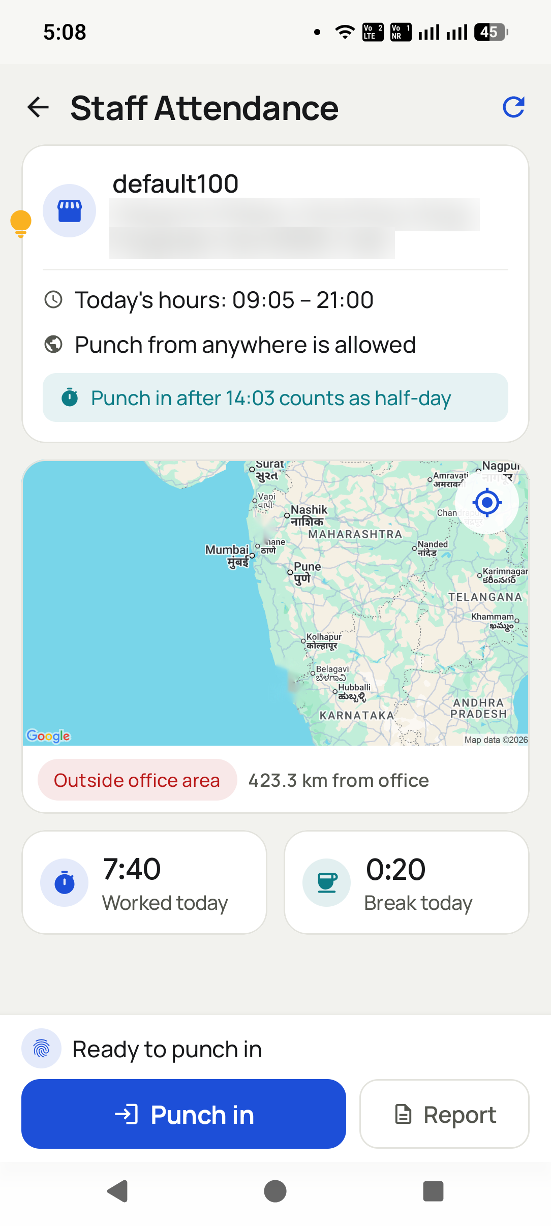 Check who punched in, and when in the RMDialer app: Shift hours, the half-day cut-off, worked time and break time sit on the attendance screen, with a report...