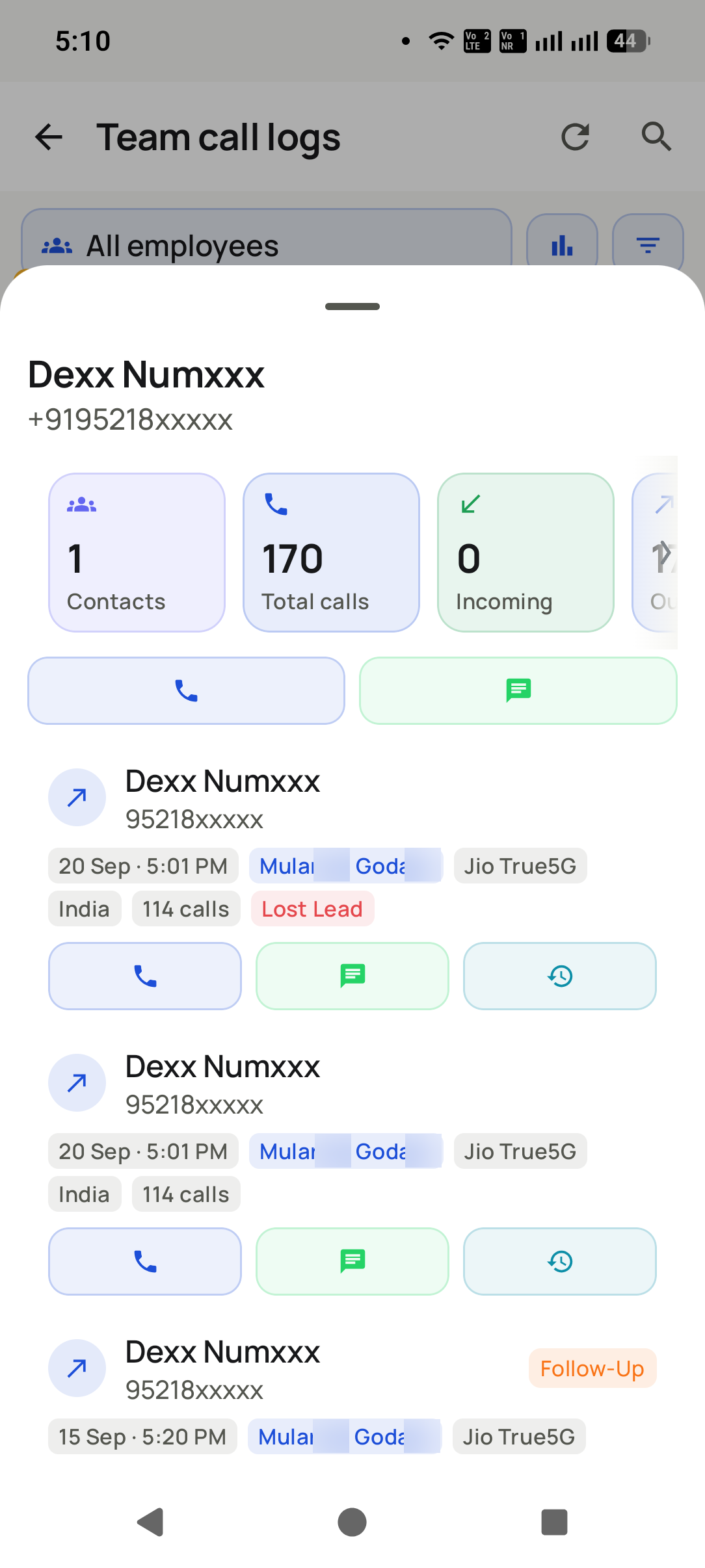 Open one agent's numbers in the RMDialer app: Tap an agent or a number to see every call behind the totals, with status tags such as Lost Lead or Follow-Up.