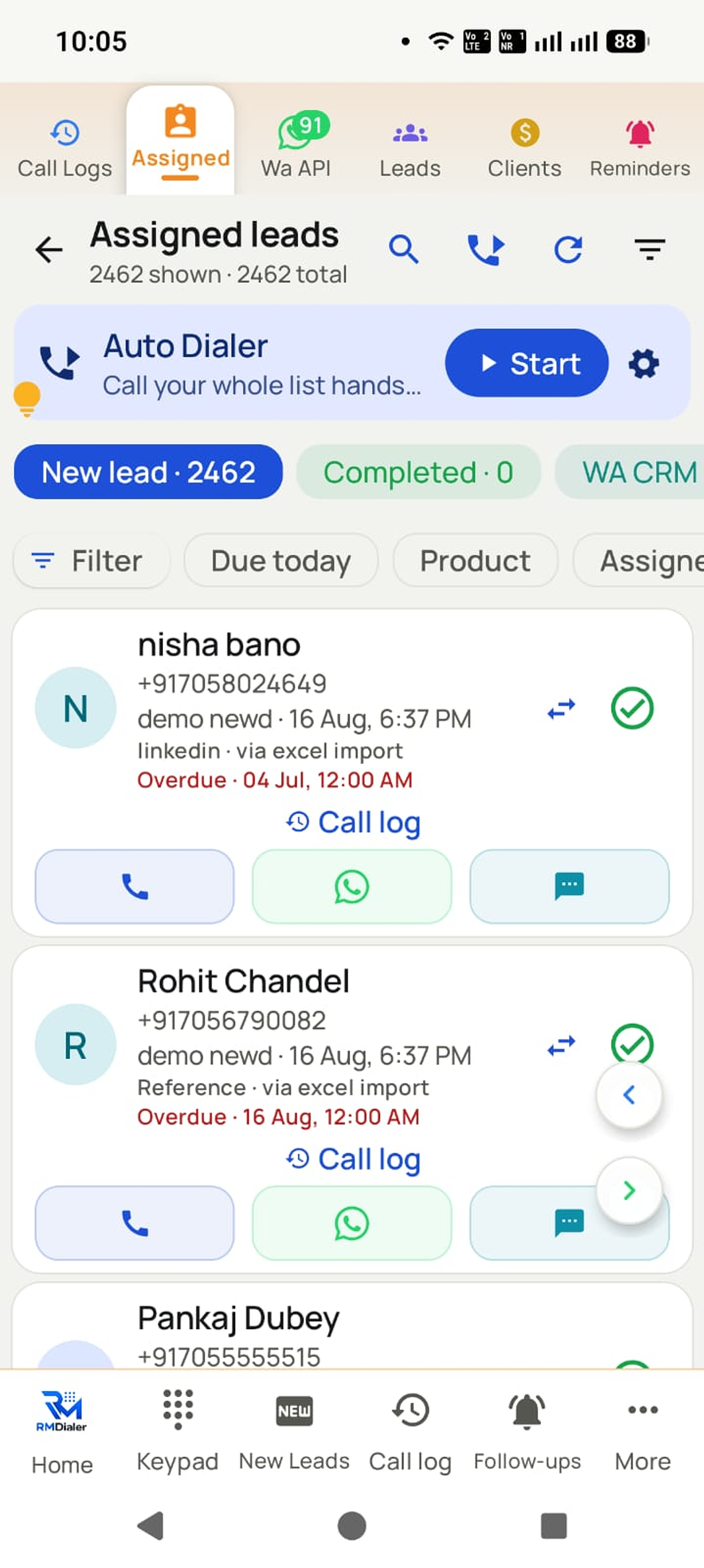RMDialer app: Assigned leads with the Auto Dialer ready to start