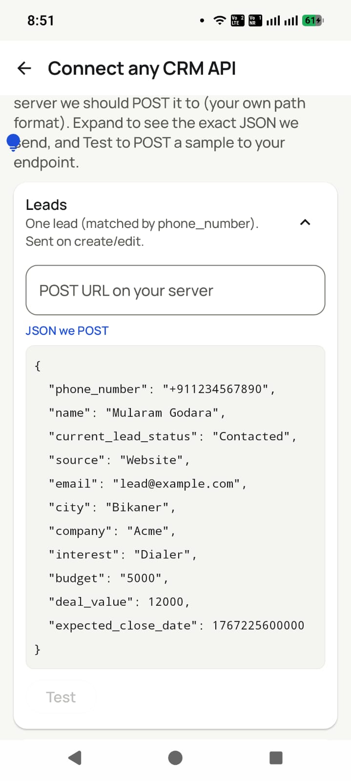 Connect any CRM API: the JSON RMDialer posts to your endpoint for every lead
