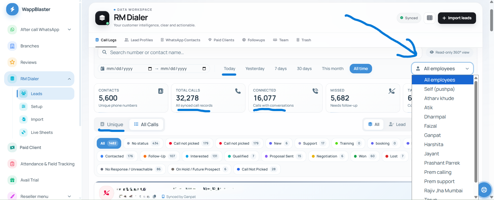 Employee-wise call logs report: filtering the dashboard to one staff member’s calls for the day