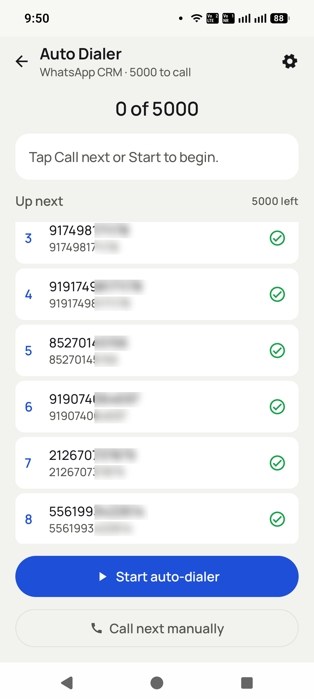 Press Start and talk in the RMDialer app: The dialer rings the list in order from the business SIM, with the queue on screen and a manual call-next...