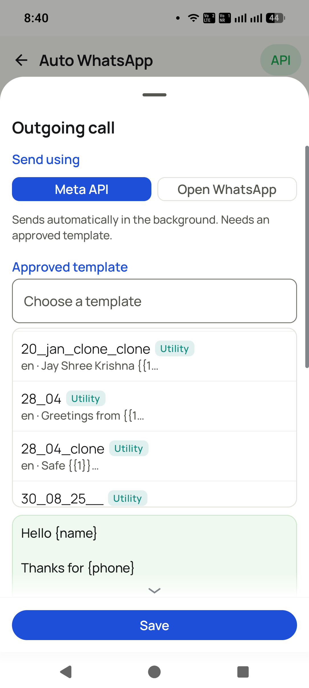 Set it once for each call type