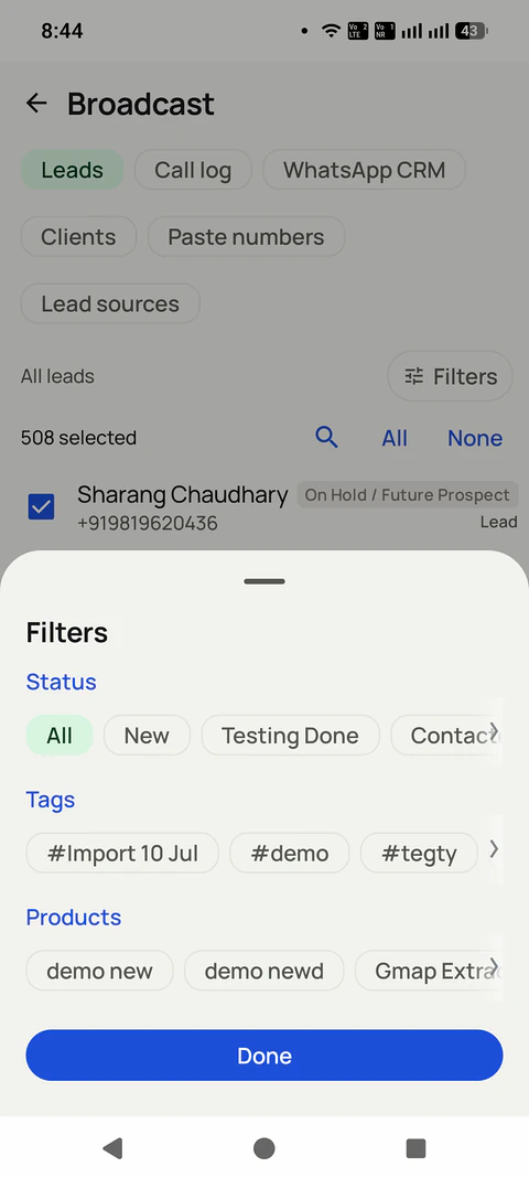 Bulk WhatsApp to Leads, Call Log, CRM & Pasted Numbers in the RMDialer app