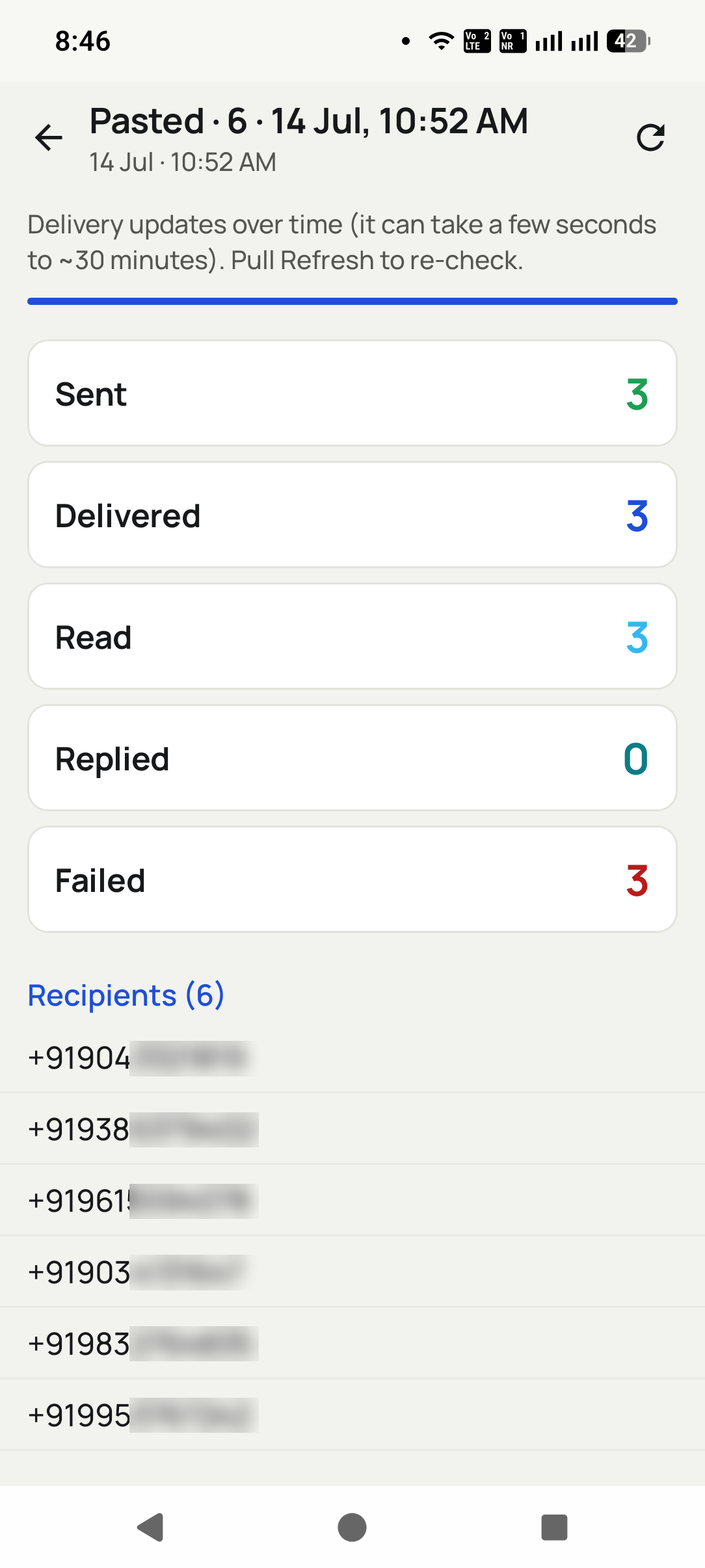 See who received and read it in the RMDialer app: The broadcast report counts Sent, Delivered, Read, Replied and Failed, with every recipient listed below,...
