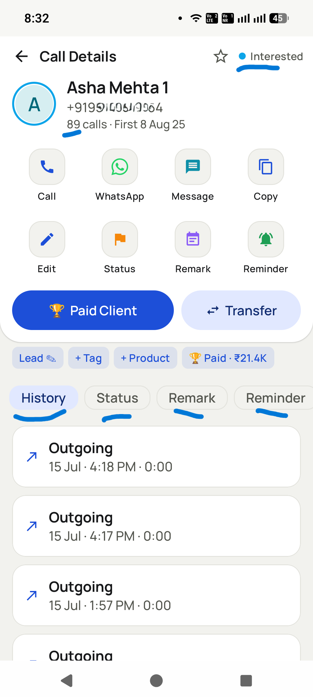 Contact 360 view: calls, remarks, reminders, chats