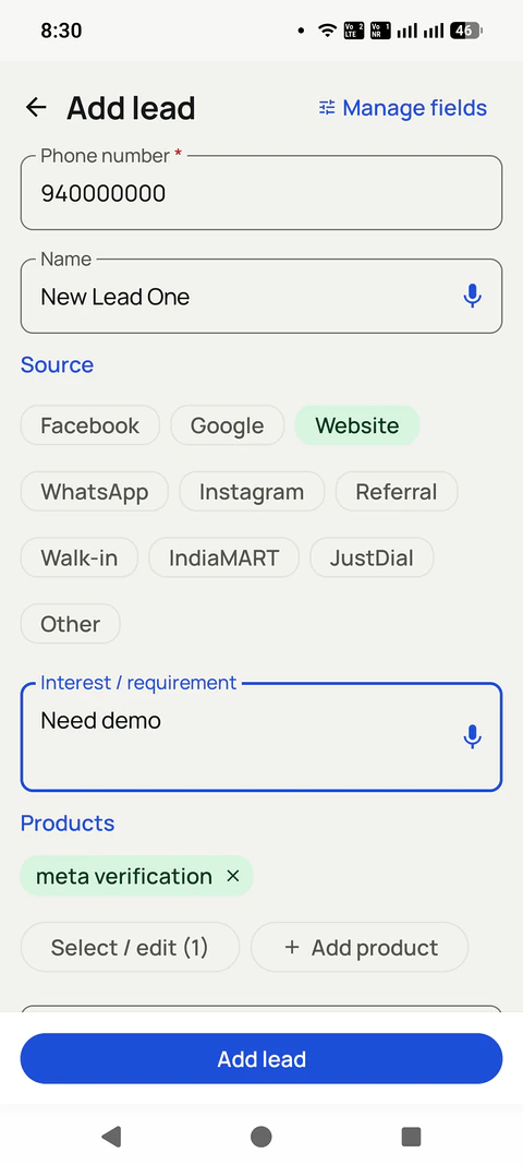 Lead Management CRM Inside the Dialer in the RMDialer app