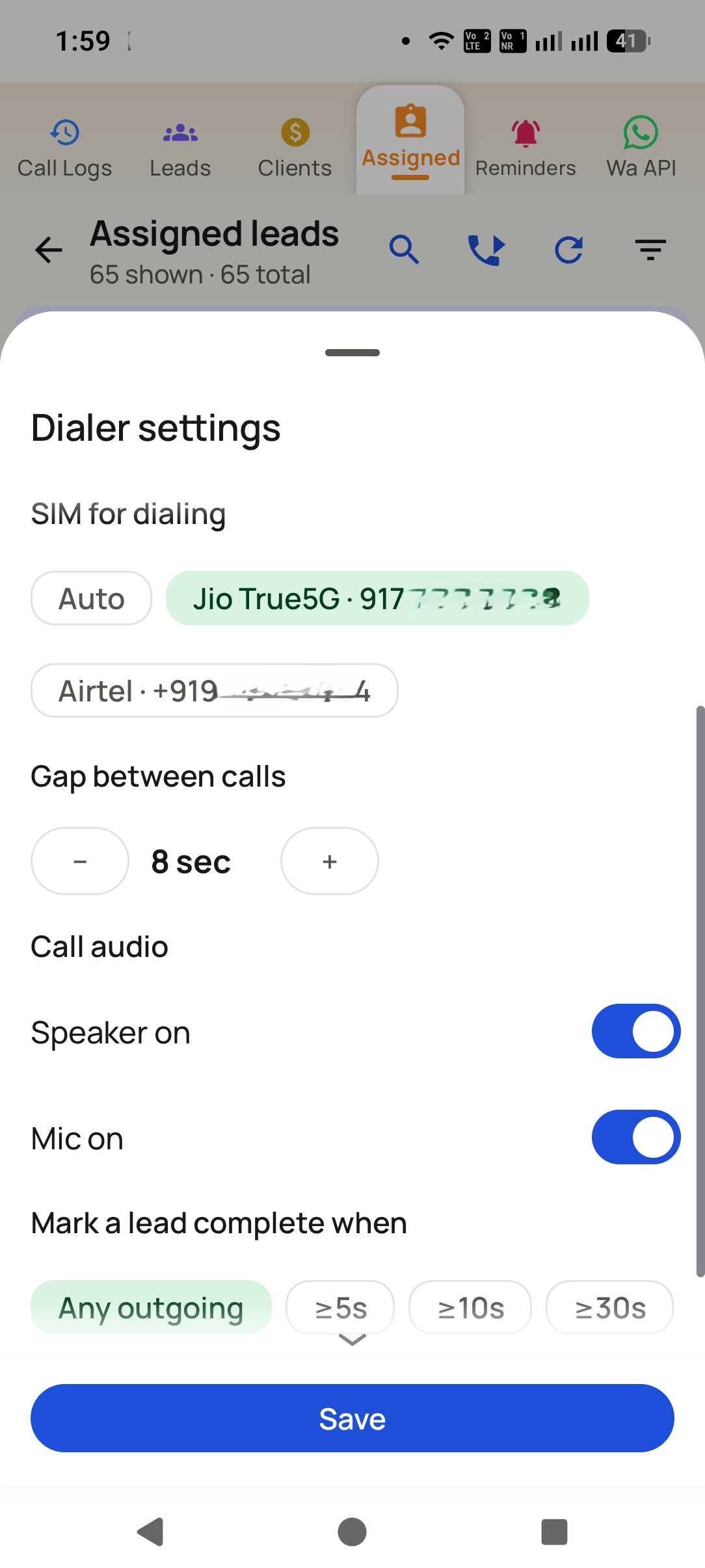 Set SIM, gap & audio