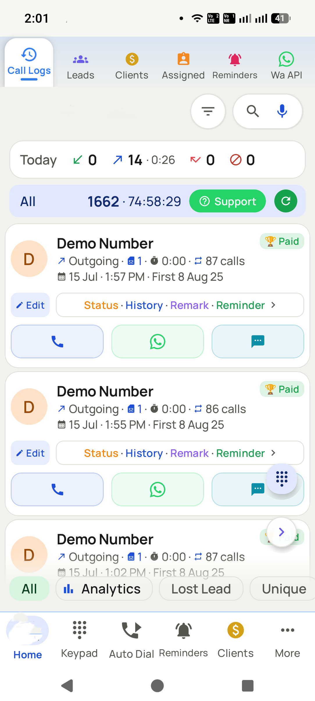 RMDialer call screen showing the customer's lead status and last remark