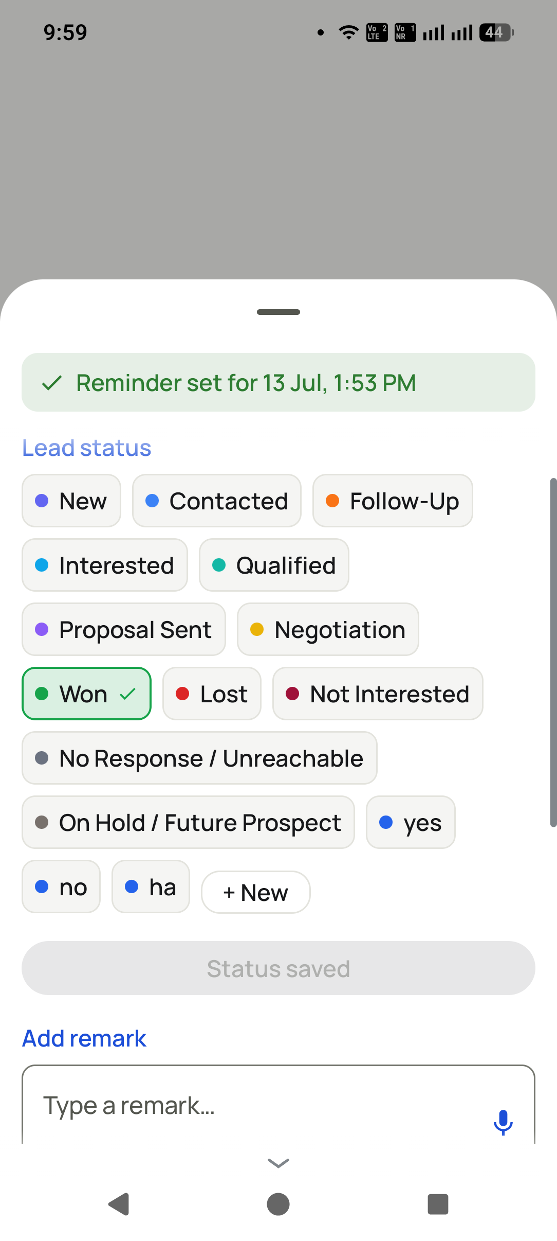 Call monitoring software showing the outcome, remark and follow-up captured at the end of a call