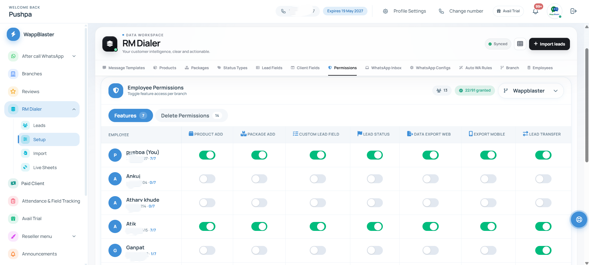 RMDialer web backend setup: per-employee feature permissions, sources and rules for the whole team