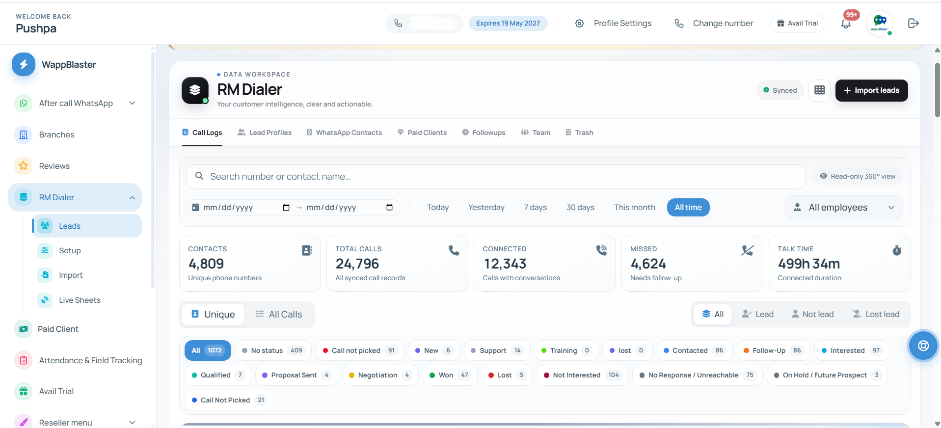 RMDialer team dashboard: every call, lead status and employee's day, live: 24,796 calls, 12,343 connected, 499 hours of talk time, all logged by the calls themselves