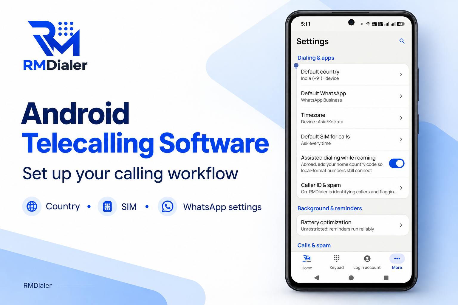 SIM-based calling app settings on Android: default SIM for calls, default WhatsApp, caller ID and spam, and assisted dialing while roaming