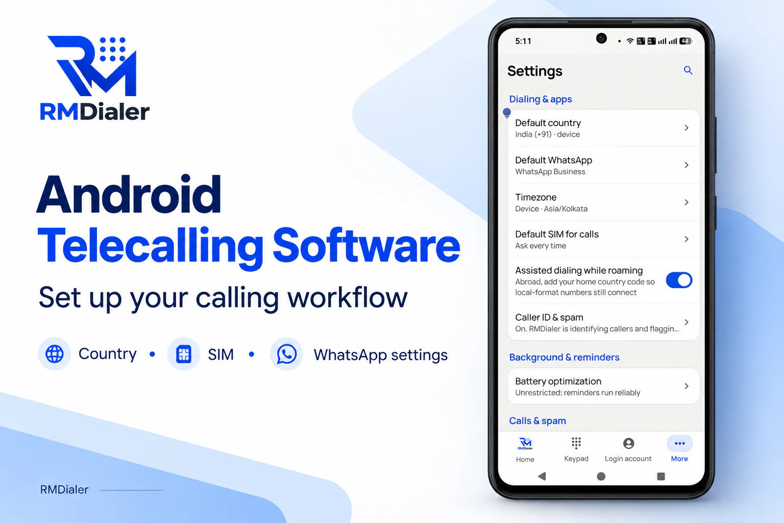 Telecaller app for Android settings: default country, default WhatsApp, timezone, default SIM for calls, assisted dialing while roaming and caller ID and spam