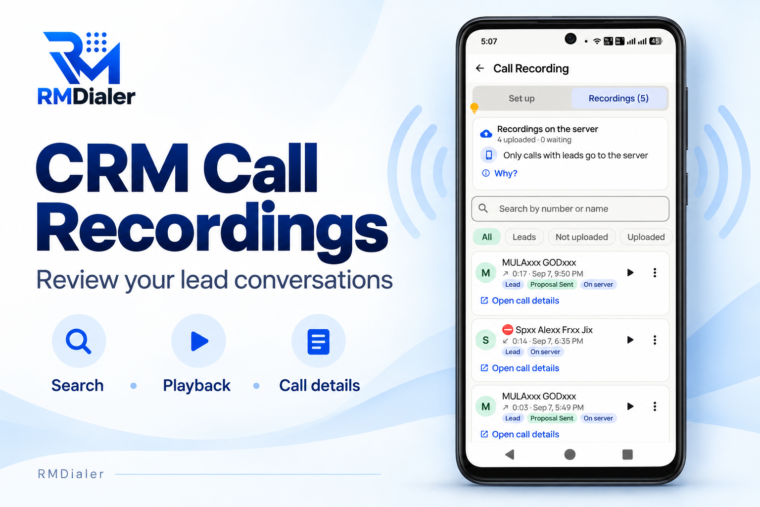 SIM-based call management CRM on Android: calls listed against leads with their stage, such as Proposal Sent, and a link to open each call's details