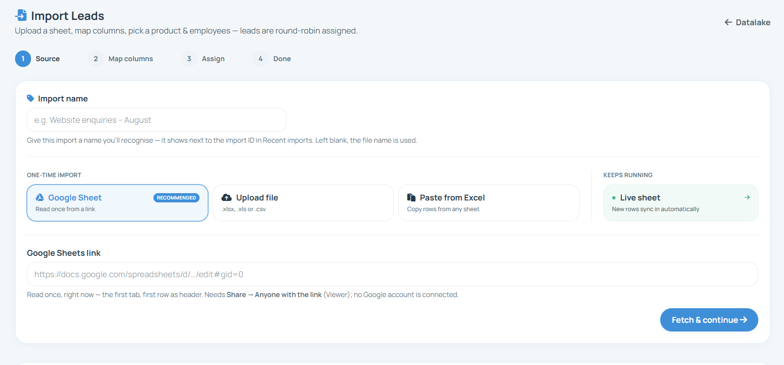 RMDialer Import Leads screen in the Web CRM: name the import, then choose a Google Sheet, an uploaded file, rows pasted from Excel or a live sheet that keeps syncing, with leads assigned round robin